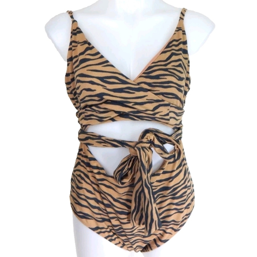 Aerie Tiger Print One Piece Wrap Swimsuit